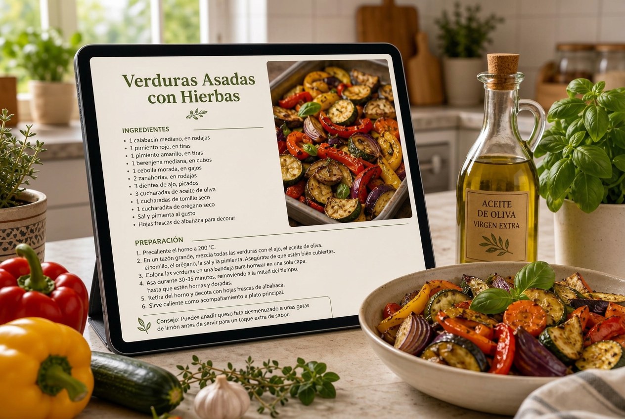 Guía de recetas en español abierta en una tablet